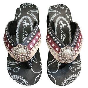 Montana West II Studded & Rhinestones American Flag Wedge Slip On Sandals Size 8